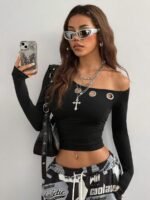 Elorivane Women Vintage Leopard Knit Top, Asymmetrical Neck Grommet Long Sleeve Stretchy Spring Summer Streetwear - Image 2