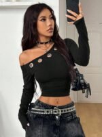 Elorivane Women Vintage Leopard Knit Top, Asymmetrical Neck Grommet Long Sleeve Stretchy Spring Summer Streetwear - Image 3