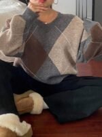 Elorivane Plus Size Color Block Sweater, V-Neck Diamond Pattern Loose Pullover Autumn Winter School Top - Image 8