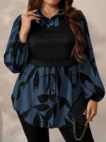Elorivane Plus Size Black Knit Floral Patchwork Pullover Top, Autumn Winter Casual Wear - Image 12
