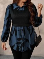 Elorivane Plus Size Black Knit Floral Patchwork Pullover Top, Autumn Winter Casual Wear - Image 13