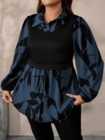 Elorivane Plus Size Black Knit Floral Patchwork Pullover Top, Autumn Winter Casual Wear - Image 14