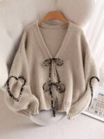 Elorivane Plus Size Apricot Cardigan, Tie-Front Knot, Cute Kawaii Autumn Date Office Sweater - Image 9