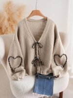 Elorivane Plus Size Apricot Cardigan, Tie-Front Knot, Cute Kawaii Autumn Date Office Sweater - Image 14
