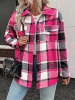 Elorivane Plus Size Plaid Thermal Lined Long Sleeve Jacket for Fall Winter Commute Holiday