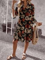 Elorivane Plus Size Maple Leaf Floral A-Line Dress, Elegant Print, Spring Summer Fall Vacation Casual Dress - Image 4