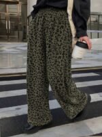 Elorivane Plus Size Coffee Corduroy Pants, Elastic Waist Leopard Print Loose Fit All Season Back To School Trousers - Image 10