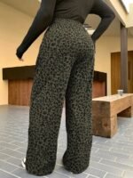 Elorivane Plus Size Coffee Corduroy Pants, Elastic Waist Leopard Print Loose Fit All Season Back To School Trousers - Image 11