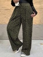 Elorivane Plus Size Coffee Corduroy Pants, Elastic Waist Leopard Print Loose Fit All Season Back To School Trousers - Image 12