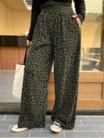 Elorivane Plus Size Coffee Corduroy Pants, Elastic Waist Leopard Print Loose Fit All Season Back To School Trousers - Image 13