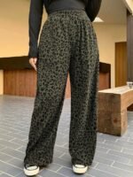 Elorivane Plus Size Coffee Corduroy Pants, Elastic Waist Leopard Print Loose Fit All Season Back To School Trousers - Image 14