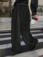 Elorivane Plus Size Coffee Corduroy Pants, Elastic Waist Leopard Print Loose Fit All Season Back To School Trousers - Image 15