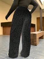 Elorivane Plus Size Coffee Corduroy Pants, Elastic Waist Leopard Print Loose Fit All Season Back To School Trousers - Image 16