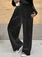 Elorivane Plus Size Coffee Corduroy Pants, Elastic Waist Leopard Print Loose Fit All Season Back To School Trousers - Image 17