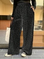Elorivane Plus Size Coffee Corduroy Pants, Elastic Waist Leopard Print Loose Fit All Season Back To School Trousers - Image 18