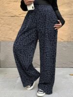 Elorivane Plus Size Coffee Corduroy Pants, Elastic Waist Leopard Print Loose Fit All Season Back To School Trousers - Image 22
