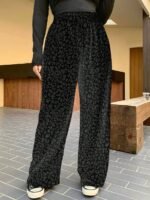 Elorivane Plus Size Coffee Corduroy Pants, Elastic Waist Leopard Print Loose Fit All Season Back To School Trousers - Image 19
