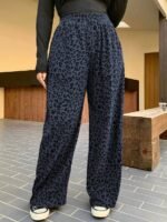 Elorivane Plus Size Coffee Corduroy Pants, Elastic Waist Leopard Print Loose Fit All Season Back To School Trousers - Image 24