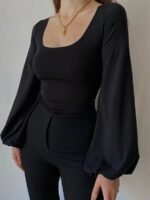 Elorivane Plus Size Square Neck Top, Lantern Sleeve Fitted Long Sleeve Tee, Fall Casual Wear