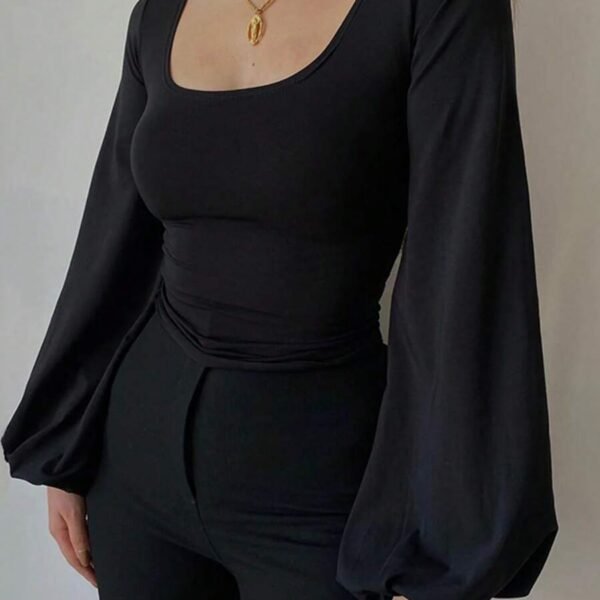 Elorivane Plus Size Square Neck Top, Lantern Sleeve Fitted Long Sleeve Tee, Fall Casual Wear