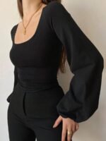 Elorivane Plus Size Square Neck Top, Lantern Sleeve Fitted Long Sleeve Tee, Fall Casual Wear - Image 3