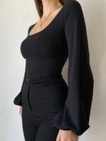 Elorivane Plus Size Square Neck Top, Lantern Sleeve Fitted Long Sleeve Tee, Fall Casual Wear - Image 4