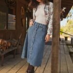Elorivane Women Dark Blue Denim A Line Midi Skirt, High Waist Scalloped Button Front Western Cowgirl Fall Winter Country Skirt