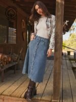 Elorivane Women Dark Blue Denim A Line Midi Skirt, High Waist Scalloped Button Front Western Cowgirl Fall Winter Country Skirt