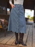 Elorivane Women Dark Blue Denim A Line Midi Skirt, High Waist Scalloped Button Front Western Cowgirl Fall Winter Country Skirt - Image 2