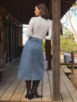 Elorivane Women Dark Blue Denim A Line Midi Skirt, High Waist Scalloped Button Front Western Cowgirl Fall Winter Country Skirt - Image 3