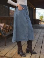 Elorivane Women Dark Blue Denim A Line Midi Skirt, High Waist Scalloped Button Front Western Cowgirl Fall Winter Country Skirt - Image 4