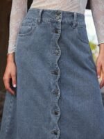 Elorivane Women Dark Blue Denim A Line Midi Skirt, High Waist Scalloped Button Front Western Cowgirl Fall Winter Country Skirt - Image 5