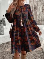 Elorivane Plus Size Leaf Ditsy Floral Dress, Round Neck Loose Fit, Autumn Winter Casual Party Dress