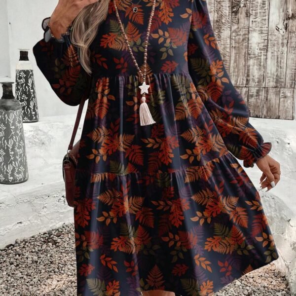 Elorivane Plus Size Leaf Ditsy Floral Dress, Round Neck Loose Fit, Autumn Winter Casual Party Dress