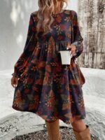 Elorivane Plus Size Leaf Ditsy Floral Dress, Round Neck Loose Fit, Autumn Winter Casual Party Dress - Image 3
