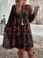 Elorivane Plus Size Leaf Ditsy Floral Dress, Round Neck Loose Fit, Autumn Winter Casual Party Dress - Image 4