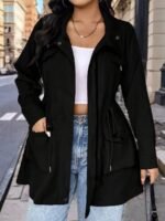 Elorivane Plus Size Hooded Cinched Waist Long Sleeve Jacket with Pockets for Fall - Image 15