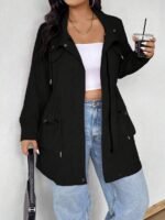 Elorivane Plus Size Hooded Cinched Waist Long Sleeve Jacket with Pockets for Fall - Image 18