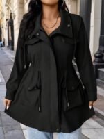 Elorivane Plus Size Hooded Cinched Waist Long Sleeve Jacket with Pockets for Fall - Image 19