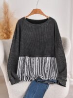Elorivane Plus Size Contrast Striped Patchwork Tee, Washed Round Neck Long Sleeve Top, Spring Fall Casual Wear - Image 6