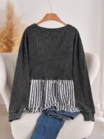 Elorivane Plus Size Contrast Striped Patchwork Tee, Washed Round Neck Long Sleeve Top, Spring Fall Casual Wear - Image 2
