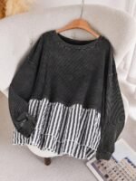 Elorivane Plus Size Contrast Striped Patchwork Tee, Washed Round Neck Long Sleeve Top, Spring Fall Casual Wear - Image 3