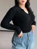 Elorivane Plus Size Wine Red Sweater, V-Neck Bodycon Long Sleeve Valentine Fall Top - Image 12