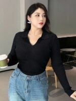 Elorivane Plus Size Wine Red Sweater, V-Neck Bodycon Long Sleeve Valentine Fall Top - Image 14