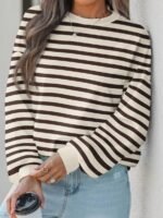 Elorivane Plus Size Striped Contrast Color Long Sleeve Sweatshirt Loose Casual for Fall Winter Halloween Christmas Wear - Image 16