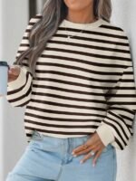 Elorivane Plus Size Striped Contrast Color Long Sleeve Sweatshirt Loose Casual for Fall Winter Halloween Christmas Wear - Image 19