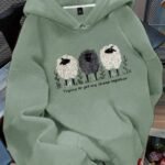 Elorivane Plus Size Sheep & Letter Slogan Graphic Thermal Drawstring Pullover Sweatshirt for Fall Winter Casual Wear