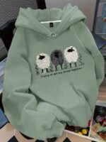 Elorivane Plus Size Sheep & Letter Slogan Graphic Thermal Drawstring Pullover Sweatshirt for Fall Winter Casual Wear