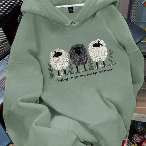 Elorivane Plus Size Sheep & Letter Slogan Graphic Thermal Drawstring Pullover Sweatshirt for Fall Winter Casual Wear
