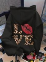 Elorivane Women's Leopard Heart Letter Hoodie, Casual Drop Shoulder Fall - Image 7